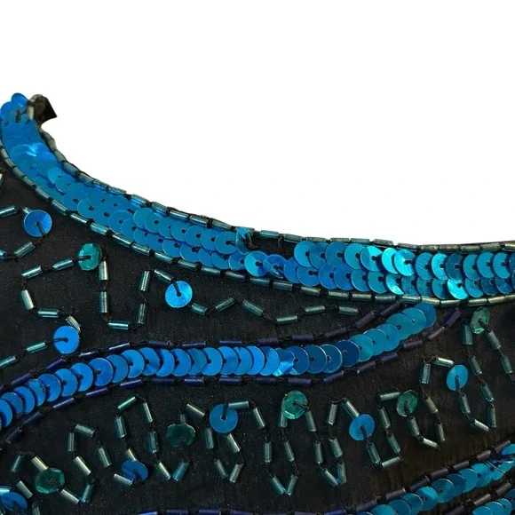 Laurence Kazar Top XL Blue Silk Blouse Sequined Beaded Vintage VTG 80s Scalloped - Picture 2 of 12